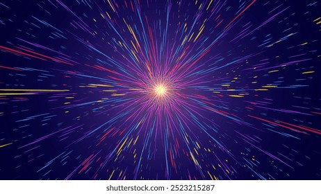 Abstract cosmic explossion. Speed of light in outerspace of galaxy. Hyperjump in space. Multicolored glowing neon rays of universe. 