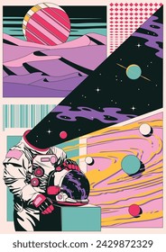 Abstract Cosmic Illustration. Astronaut with Helmet, Planet over Sands Dune, Deep Space Background