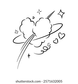Abstract cosmic illustration featuring clouds, stars, and a ringed planet with whimsical details