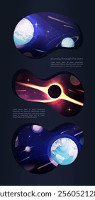 An abstract cosmic illustration featuring flowing shapes, glowing planets, shooting comets, and a dramatic black hole, with compositions in blobs, beauty and mystery of the universe