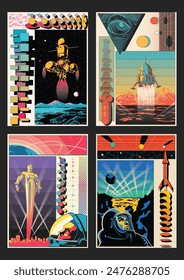 Abstract Cosmic Illustrations, Spacecrafts, Astronauts, Planets, Geometric Shapes, Original Color Combinations. Vector Templates for Space Posters, Covers, Illustrations