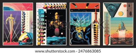 Abstract Cosmic Illustrations, Spacecrafts, Astronauts, Planets, Geometric Shapes, Original Color Combinations. Vector Templates for Space Posters, Covers, Illustrations