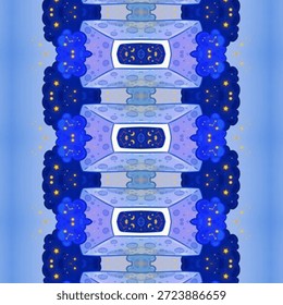 Abstract cosmic kaleidoscope pattern with blue tones, stars and dreamy symmetry, fantasy background inspired by night sky, imagination, and surreal art.