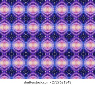 Padrão de caleidoscópio cósmico abstrato com galáxias roxas brilhantes e simetria estelar. Fundo espacial futurista ideal para ciência, fantasia e design digital.