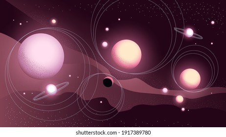 Abstract cosmic landscape with planets and sattelies in the sky. Vector illustration for posters, banners, social media advertising.