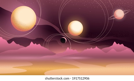 Abstract cosmic landscape with planets and sattelites in the sky. Vector illustration for posters, banners, social media advertising.