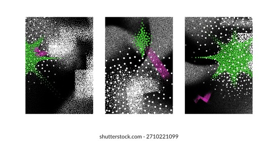 Abstractas tríptico de ruido cósmico.  Carteles geométricos en verde y rosa para el Diseño gráfico. Colección de сgranito en estilo y2k 