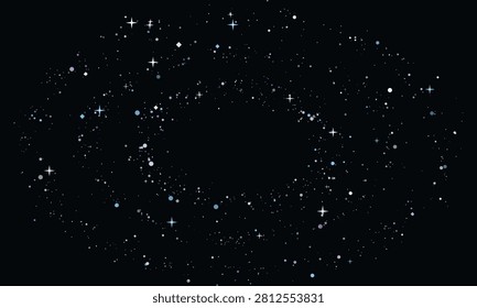 Abstract cosmic oval frame with white stars and glowing dust particles forming an elliptical border on a black background