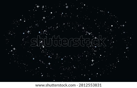 Abstract cosmic oval frame with white stars and glowing dust particles forming an elliptical border on a black background