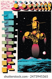 Afiche cósmico Abstractas. Módulo de aterrizaje, Paisaje planetario, Formas geométricas, Paleta de colores original 
