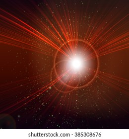Abstract cosmic red star digital background, sun with lens flare. Vector illustration EPS10.