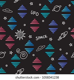 Abstract cosmic seamless pattern. Space minimal texture with doodle elements and striped rhombus. Vector illustration isolated on a black background. Modern design.