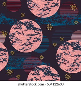 Abstract cosmic seamless pattern. Trendy hand drawn texture, glitter and geometric elements. Vector modern design for paper, wallpaper, cover, fabric, Interior decor, sportswear and other users.