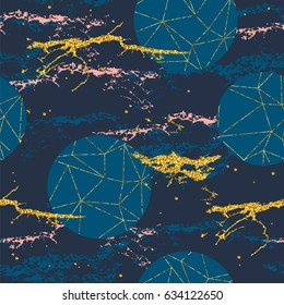 Abstract cosmic seamless pattern. Trendy hand drawn texture, glitter and geometric elements. Vector modern design for paper, wallpaper, cover, fabric, Interior decor, sportswear and other users.