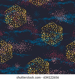 Abstract cosmic seamless pattern. Trendy hand drawn texture, glitter and geometric elements. Vector modern design for paper, wallpaper, cover, fabric, Interior decor, sportswear and other users.