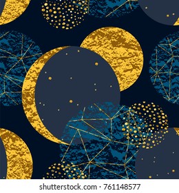 Abstract cosmic seamless pattern. Trendy hand drawn texture, glitter and geometric elements. Vector modern design for paper, wallpaper, cover, fabric, Interior decor, sportswear and other users.