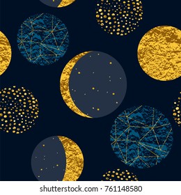 Abstract cosmic seamless pattern. Trendy hand drawn texture, glitter and geometric elements. Vector modern design for paper, wallpaper, cover, fabric, Interior decor, sportswear and other users.