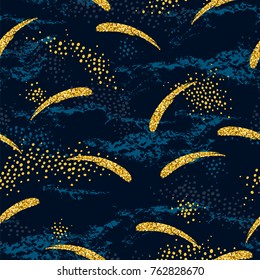 Abstract cosmic seamless pattern. Trendy hand drawn texture, glitter and geometric elements. Vector modern design for paper, wallpaper, cover, fabric, Interior decor, sportswear and other users.