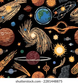 Abstract cosmic space seamless pattern. Ornament of planets, stars, comets, asteroids, galaxies. Hand drawn colorful vector illustrations..