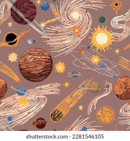 Abstract cosmic space seamless pattern. Ornament of planets, stars, comets, asteroids, galaxies. Hand drawn colorful vector illustrations..