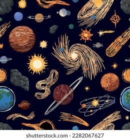 Abstract cosmic space seamless pattern. Ornament of planets, stars, comets, asteroids, galaxies. Hand drawn colorful vector illustrations..