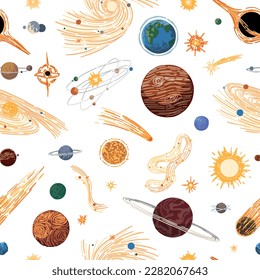 Abstract cosmic space seamless pattern. Ornament of planets, stars, comets, asteroids, galaxies. Hand drawn colorful vector illustrations..