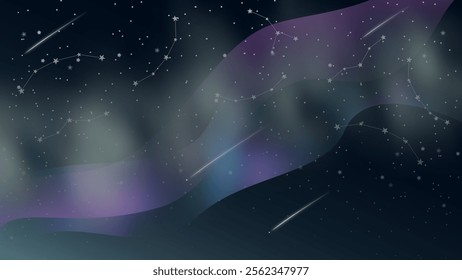 Abstract cosmic vector with aurora-like waves, constellations, shimmering stars, and a dreamy night sky. Perfect for celestial-themed designs and creative projects.