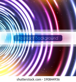 Abstract cosmic vector background with colorful blurred red, purple and blue lights in big vortex. Glowing swirl at black backdrop