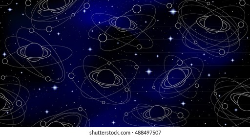 Abstract cosmic vector seamless pattern with stars, planets and comets on starry night sky background