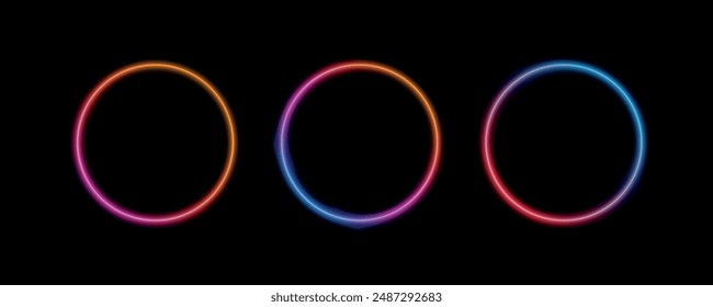 Abstract cosmic vibrant color circle backdrop. Collection of glowing neon lighting on dark background with copy space. Circle banner with gradient isolated on black background. Vector set.