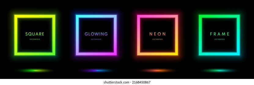 Abstract cosmic vibrant color square border  Blue  red  purple  green illuminate frame collection design  Top view futuristic style  Set glowing neon lighting isolated background and copy space 