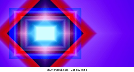 Abstract cosmic vibrant color square border. Blue, red-purple banner frame design. Top view futuristic style. Set of glowing neon lighting isolated on background with copy space.

