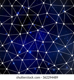 Abstract cosmos background with stars and white triangle grid. Vector illustration 