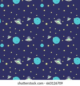 Abstract cosmos cartoon pattern. Vector seamless illustration with ufo, star and planet elements