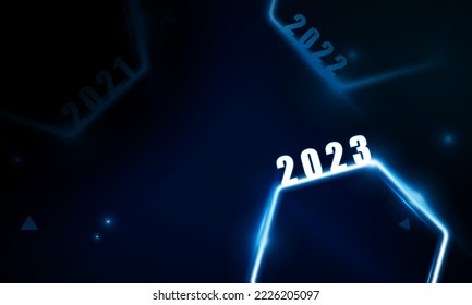Resumen de la cuenta de los años de vuelta iluminan 2023 Afiche de color moderno para deportes Tecnología Light out y con hexágono de neón y triángulos. Antecedentes de innovación en el concepto de comunicación de Hitech, 