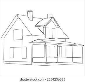 Abstract country house in continuous line drawing style. Family house minimalist black linear design isolated on white background. Vector illustration hand drawn without artificial intelligence