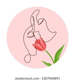 Resumen pareja por una ilustración vectorial de línea. Hombre romántico y mujer tocando la cabeza con la flor de tulipán en círculo rosado. Tarjeta de felicitación o idea de avatar. Amor, romance, concepto de San Valentín