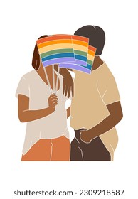 Abstract couple holding pride flag illustration. Vector illustration.