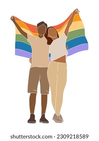 Abstract couple holding pride flag illustration. Vector illustration.