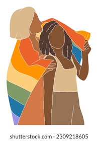 Abstract couple holding pride flag illustration. Vector illustration.