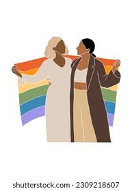 Abstract couple holding pride flag illustration. Vector illustration.