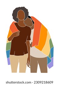 Abstract couple holding pride flag illustration. Vector illustration.