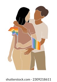 Abstract couple holding pride flag illustration. Vector illustration.