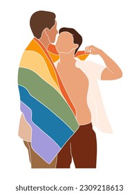 Abstract couple holding pride flag illustration. Vector illustration.