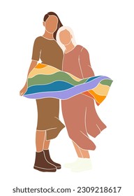 Abstract couple holding pride flag illustration. Vector illustration.