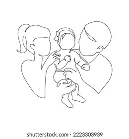 Abstract couple line art drawing. Heterosexual family. Mother and father looking at their baby doodle isolated on white background Continuous line vector illustration for love happiness family concept