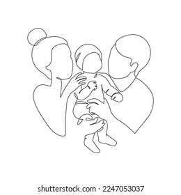 Abstract couple line art drawing. Heterosexual family. Mother and father smiling at their baby doodle isolated on white background Continuous line vector illustration for love happiness family concept