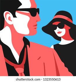 Abstract couple, male and female charactrs in sunglasses. Man in red, woman in black. Vector illustration