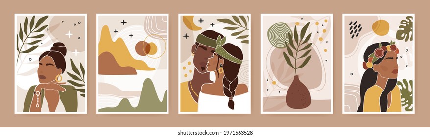 Abstract couple portrait. Modern print with male and female silhouette kissing, leaves, organic shapes, flowers. Contemporary poster vector set. Natural plants, moon and stars, sun