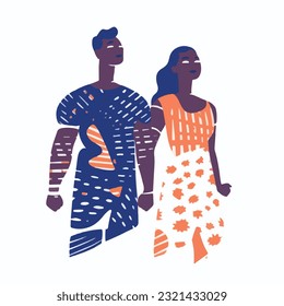 Resumen de silueta de pareja con vitiligo de diferentes nacionalidades de pie juntos. Concepto vectorial para apoyar a las personas que viven con vitiligo y para crear conciencia sobre el trastorno cutáneo crónico.